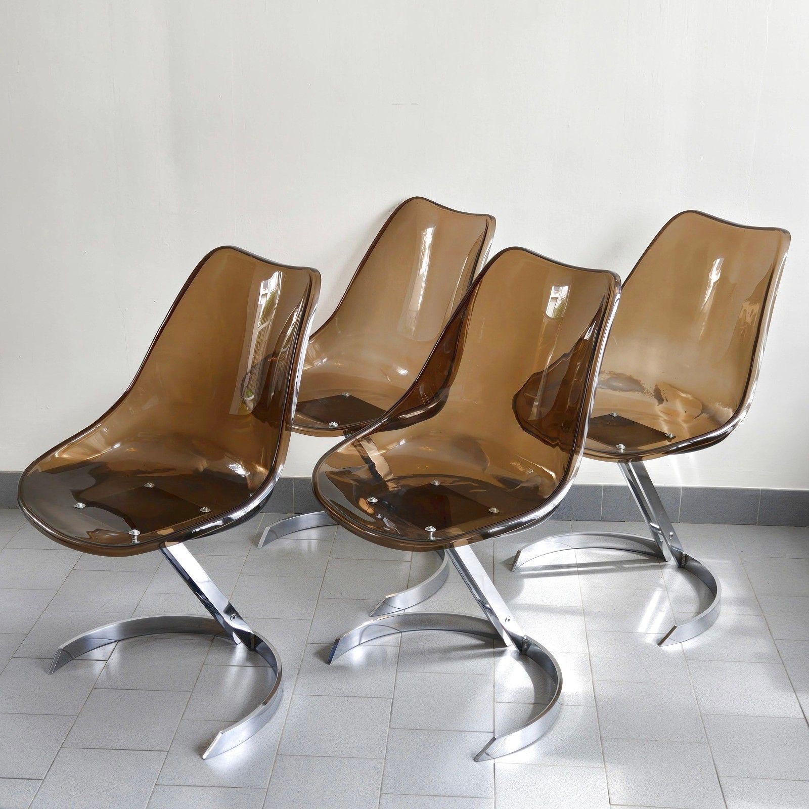 Vintage 1970 Eurosteel Plexiglas & Chrome Dlg Boris Tabacoff 4 Chair Suite