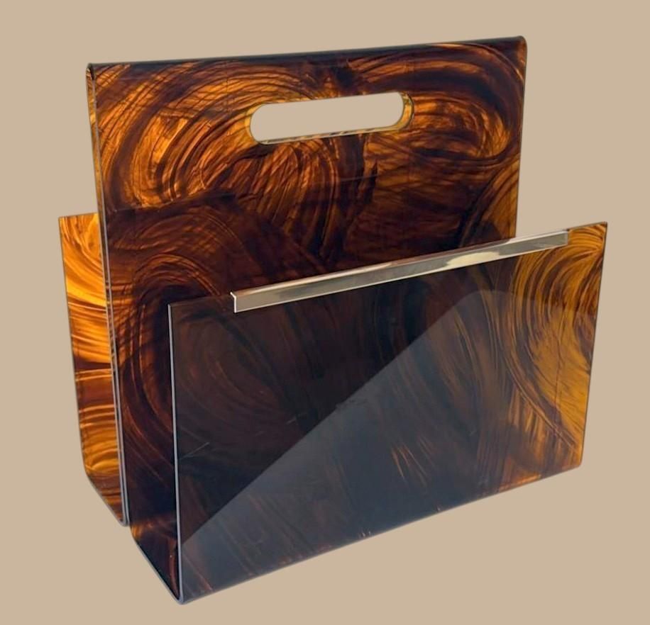 Willy Rizzo Style Italian Tortoiseshell Plexiglass And Brass Magazine Rack photo furniture