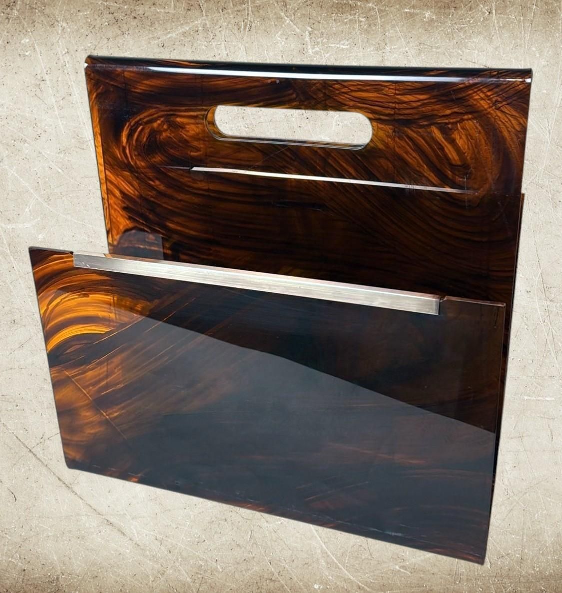 Willy Rizzo Style Italian Tortoiseshell Plexiglass And Brass Magazine Rack photo for sale
