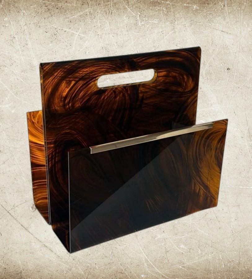 Willy Rizzo Style Italian Tortoiseshell Plexiglass And Brass Magazine Rack photo vintage