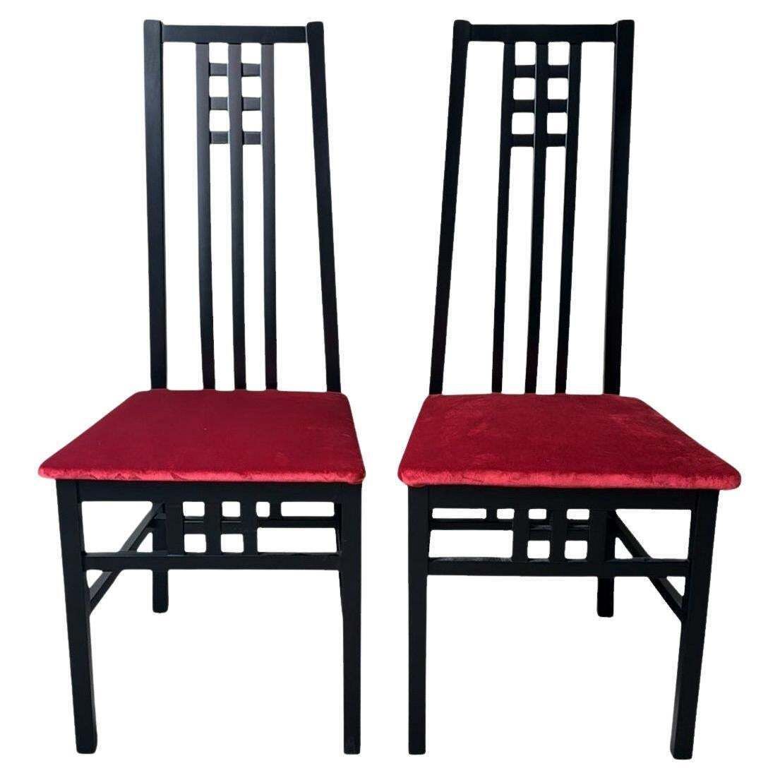 Mackintosh Style Pair Italian Black Lacquered Wood Chairs Red Velvet Upholstery