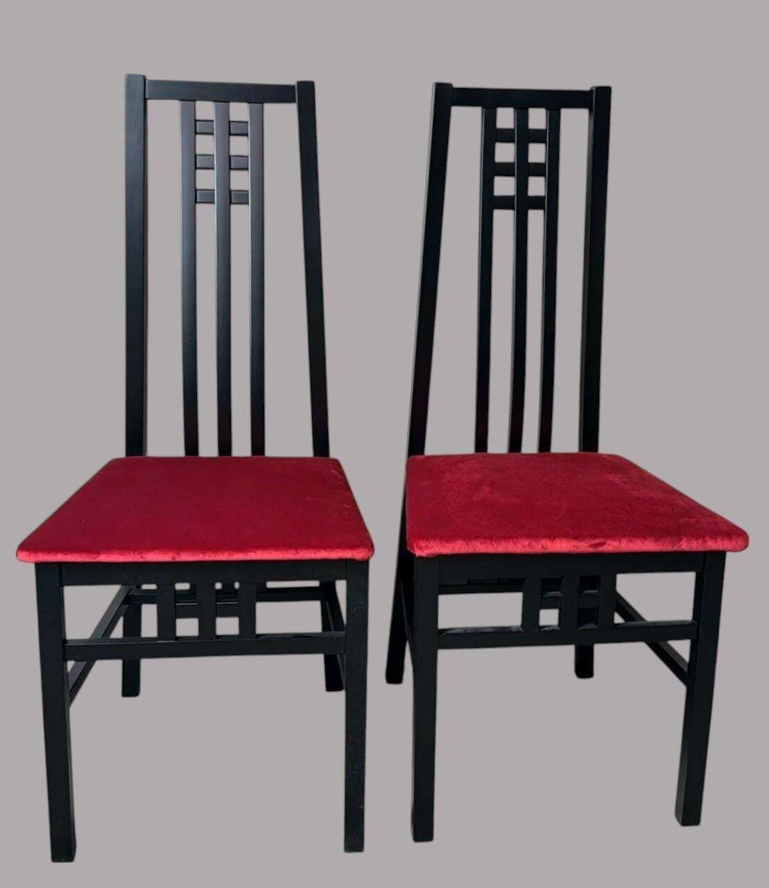 Mackintosh Style Pair Italian Black Lacquered Wood Chairs Red Velvet Upholstery photo furniture