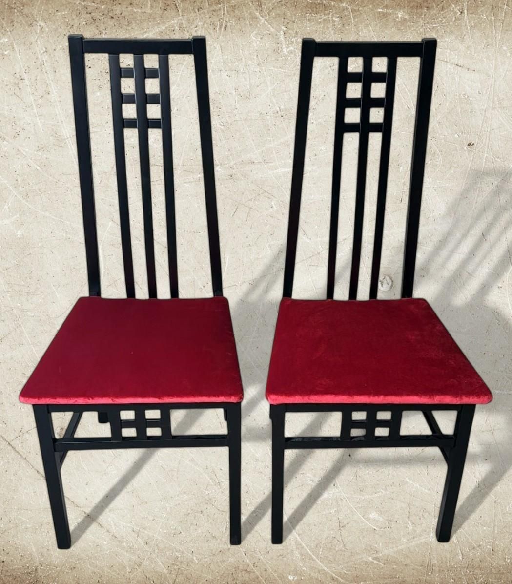 Mackintosh Style Pair Italian Black Lacquered Wood Chairs Red Velvet Upholstery photo for sale