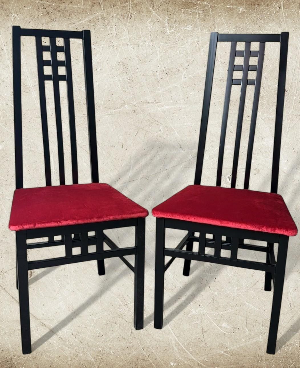 Mackintosh Style Pair Italian Black Lacquered Wood Chairs Red Velvet Upholstery photo 1796.0