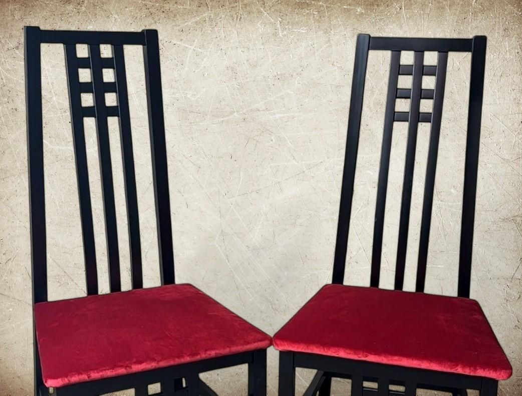 Mackintosh Style Pair Italian Black Lacquered Wood Chairs Red Velvet Upholstery photo vinterior