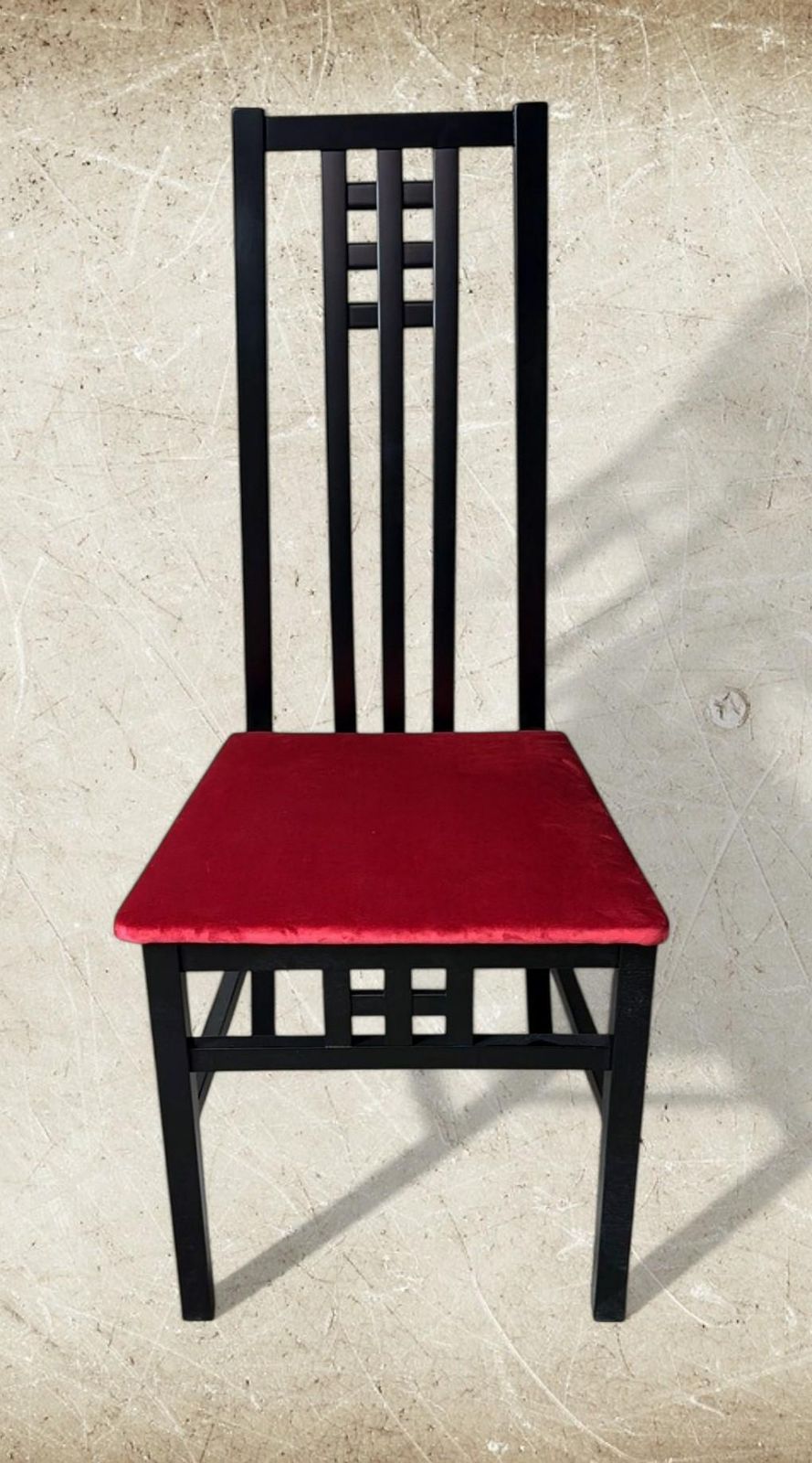 photo for sale Mackintosh Style Pair Italian Black Lacquered Wood Chairs Red Velvet Upholstery