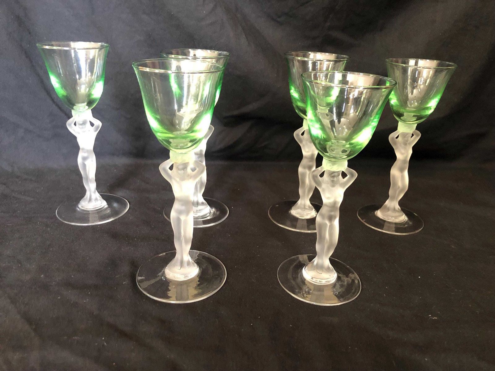 Six Bayel Crystal French Vintage 50's Venus Frosted Glasses Nude Lady Cordial