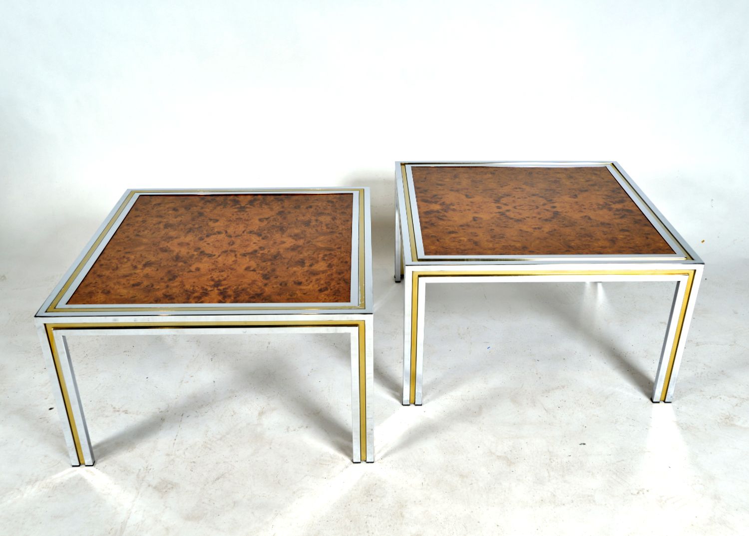 Large Pair 1970s Italian Chrome Brass Burr Elm Wood Side Lamp Occasional Tables Hollywood Regency photo for sale