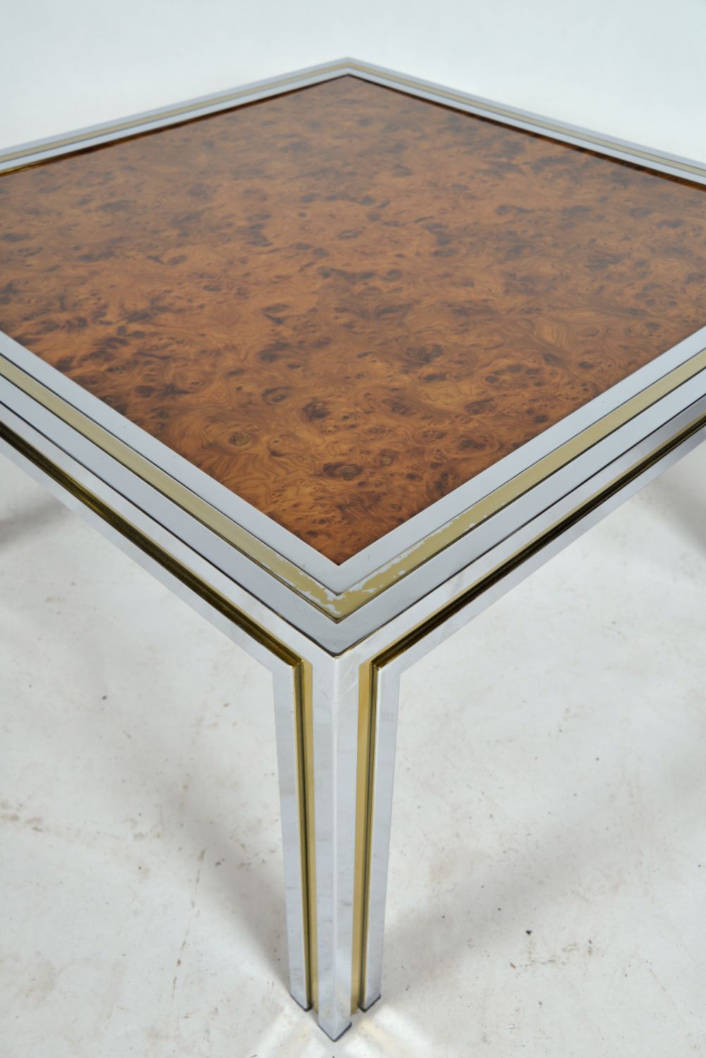 Furniture Large Pair 1970s Italian Chrome Brass Burr Elm Wood Side Lamp Occasional Tables Hollywood Regency photo