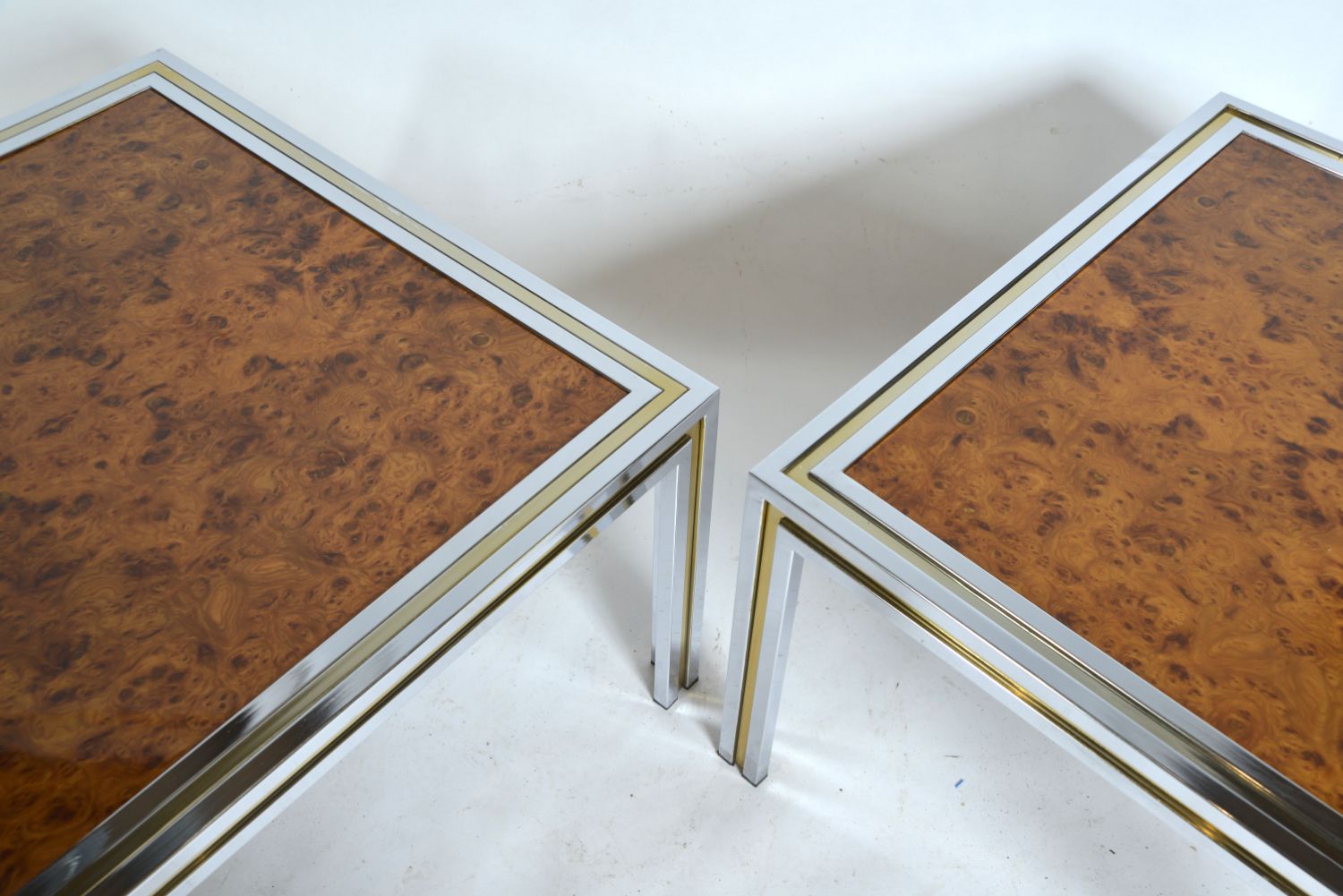 photo vinterior Large Pair 1970s Italian Chrome Brass Burr Elm Wood Side Lamp Occasional Tables Hollywood Regency