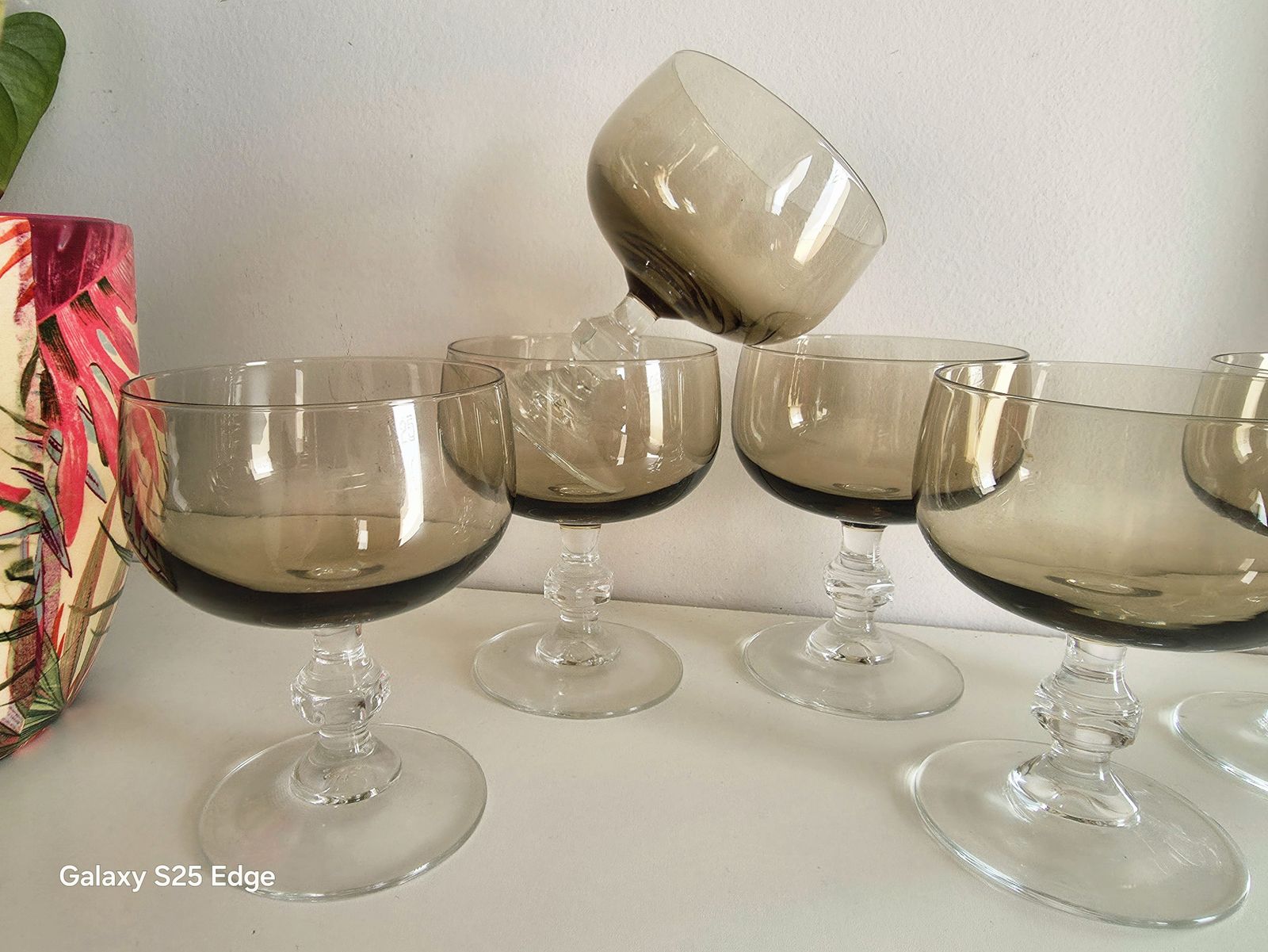 Versatile Set Of Six Mid Century, Smoked Glasses For Champagne, Wine Or Dessert photo buy