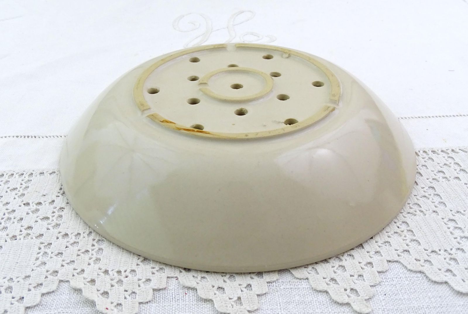 Vintage French Off White Pottery Cheese Strainer Plate, Vintage Country Farmhouse Fruit Colander, Berry Bowl, Cottage Kitchen Decor France photo Home Decor