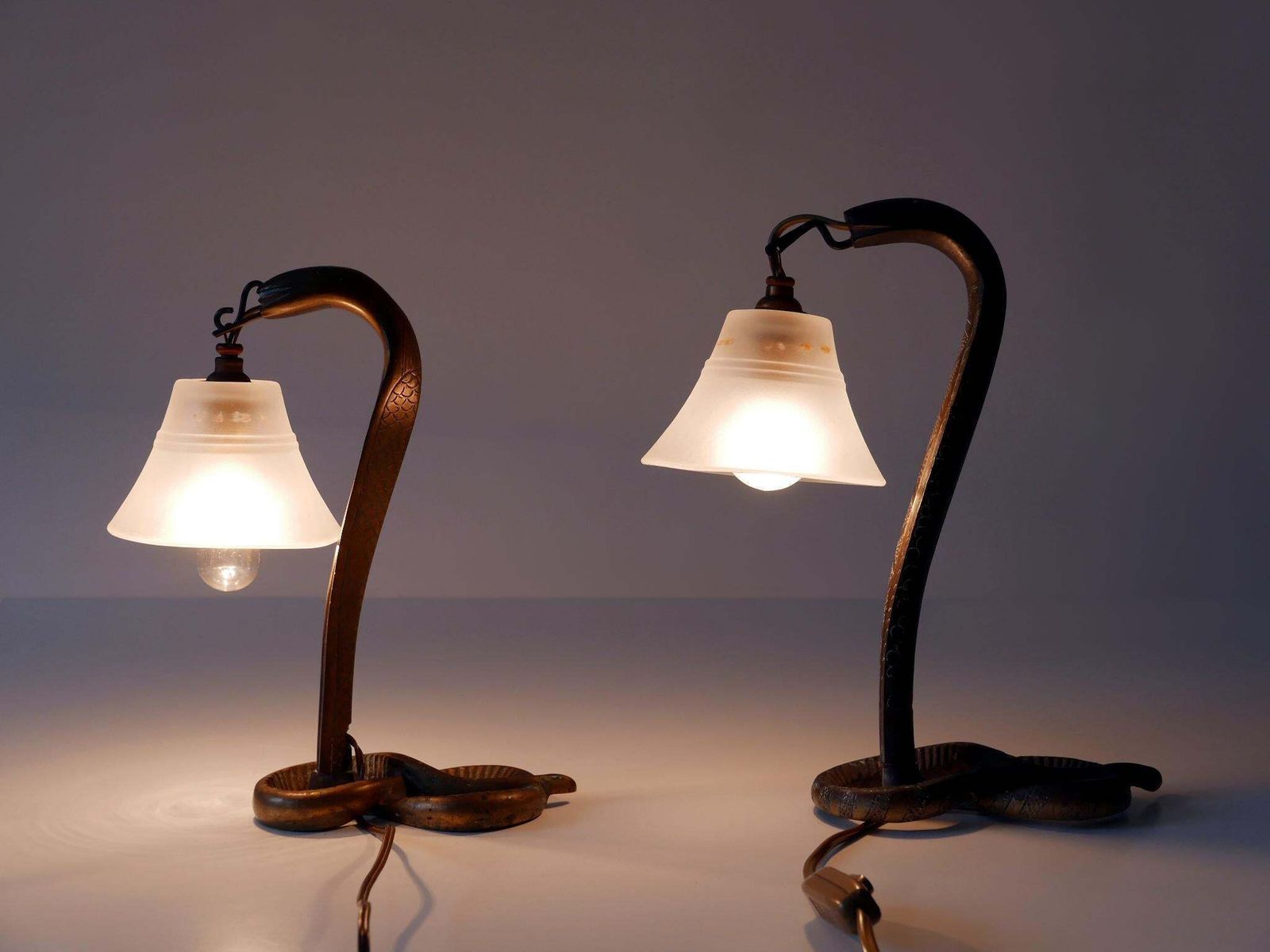 Set Of Two Decorative Art Nouveau Bronze Cobra Table Lamps 1910s photo Lighting