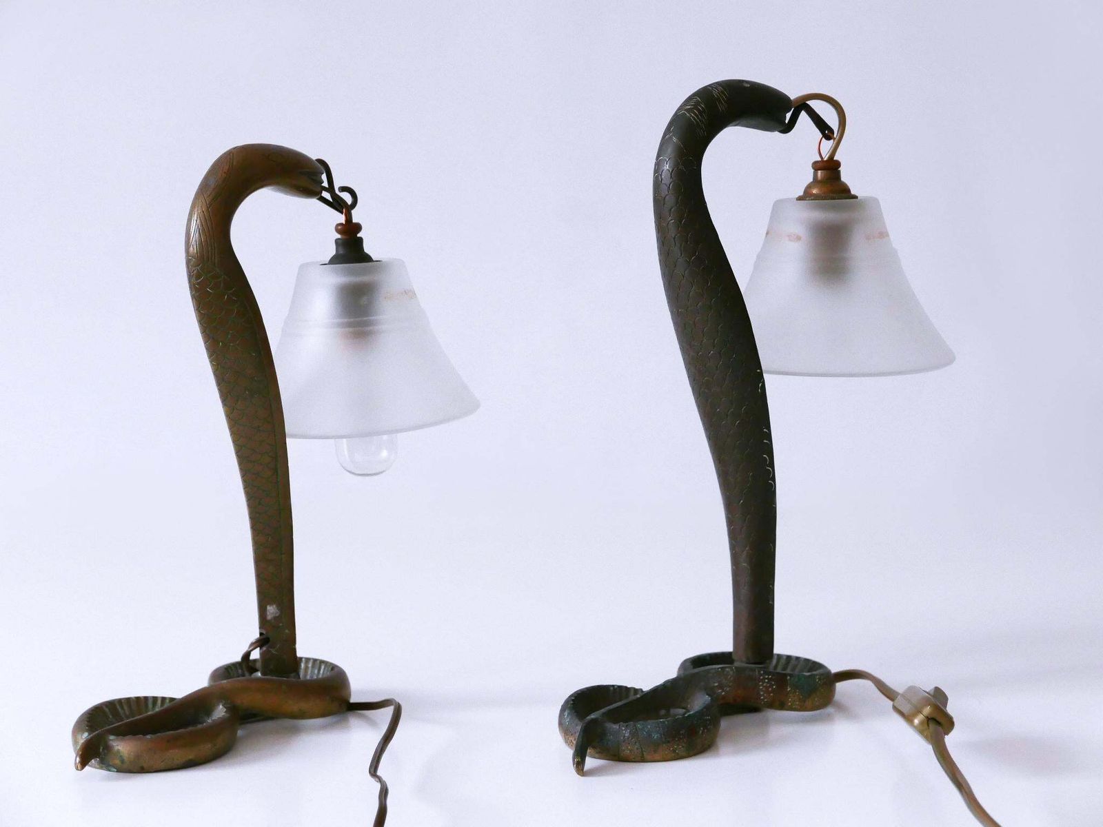 photo for sale Set Of Two Decorative Art Nouveau Bronze Cobra Table Lamps 1910s