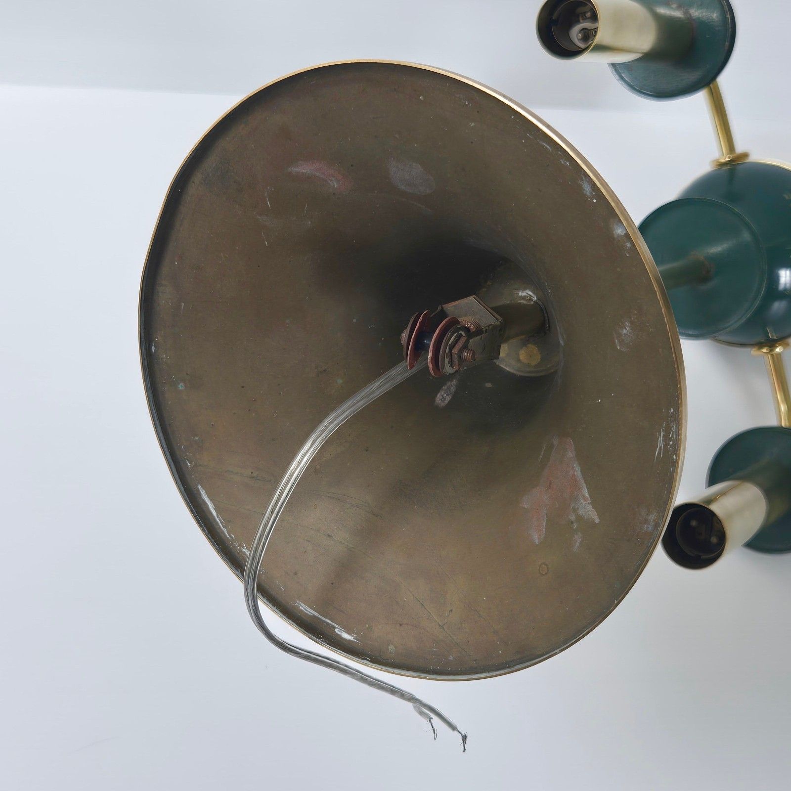 photo for sale Vintage 1950s Gold Brass & Metal Green Lacquer Pendant Chandelier 50s Rockabilly