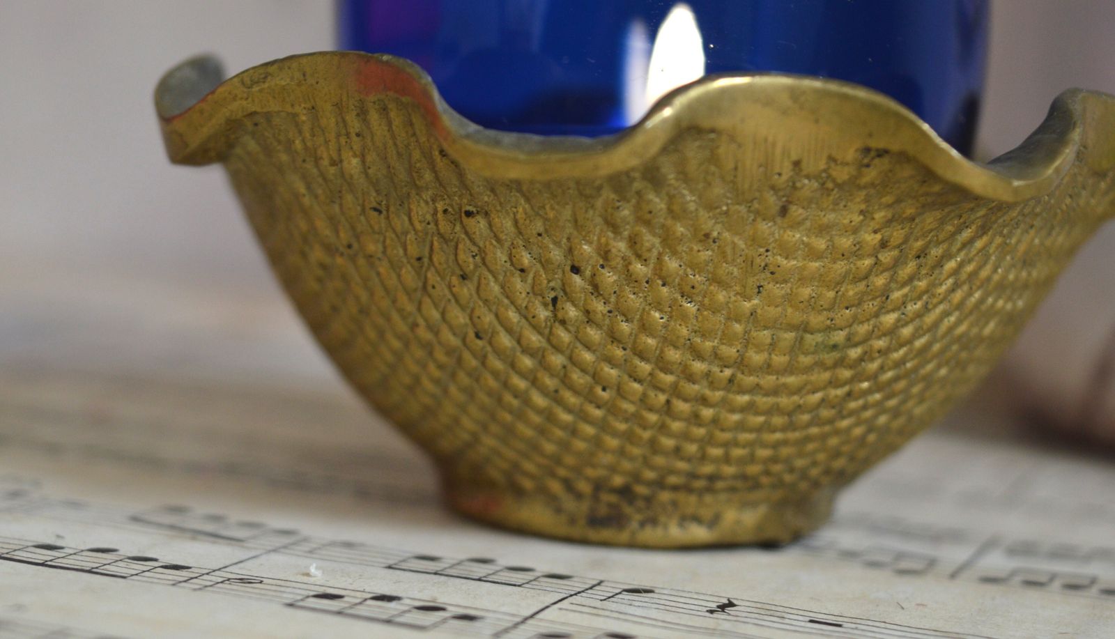 Rare Vintage Greek Solid Brass & Cobalt Blue Glass Tea Light Candle Holder photo 55.0
