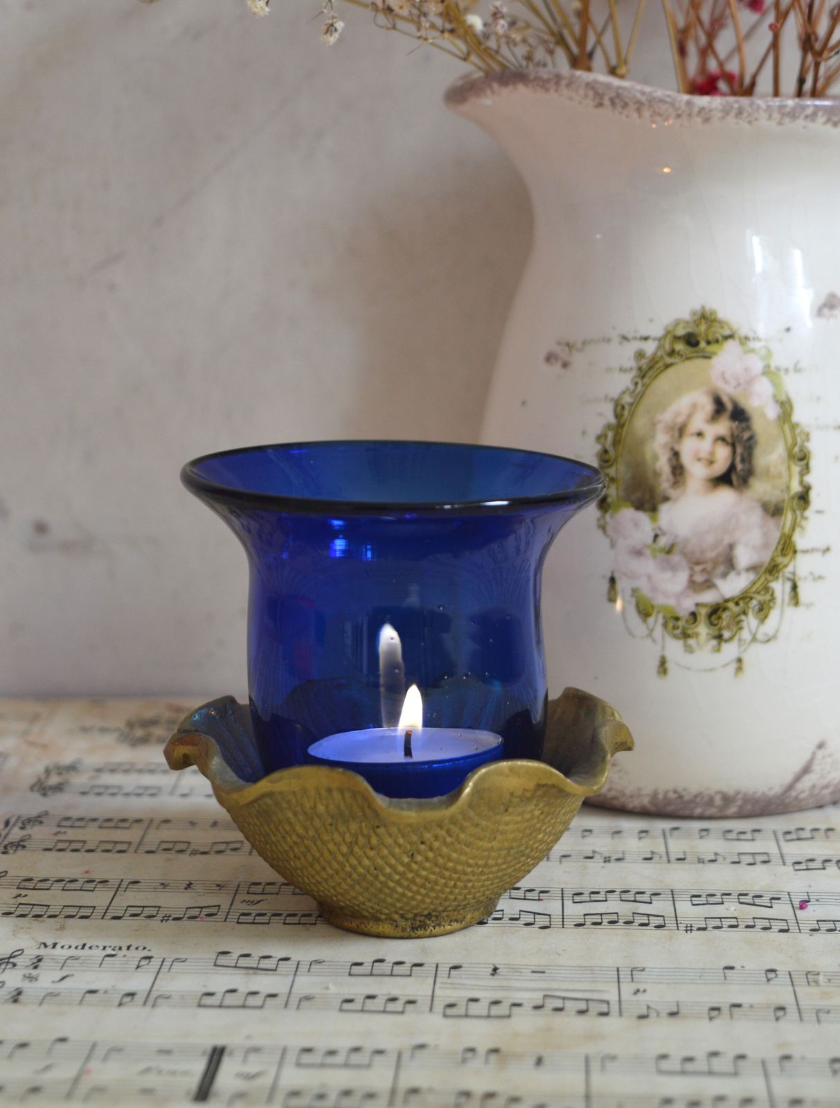 Rare Vintage Greek Solid Brass & Cobalt Blue Glass Tea Light Candle Holder photo vinterior
