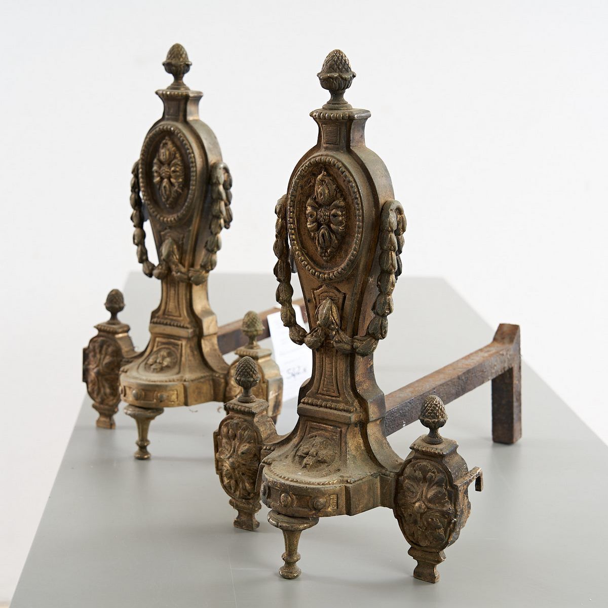 Pair Of Neoclassical Andirons In Gilded Metal