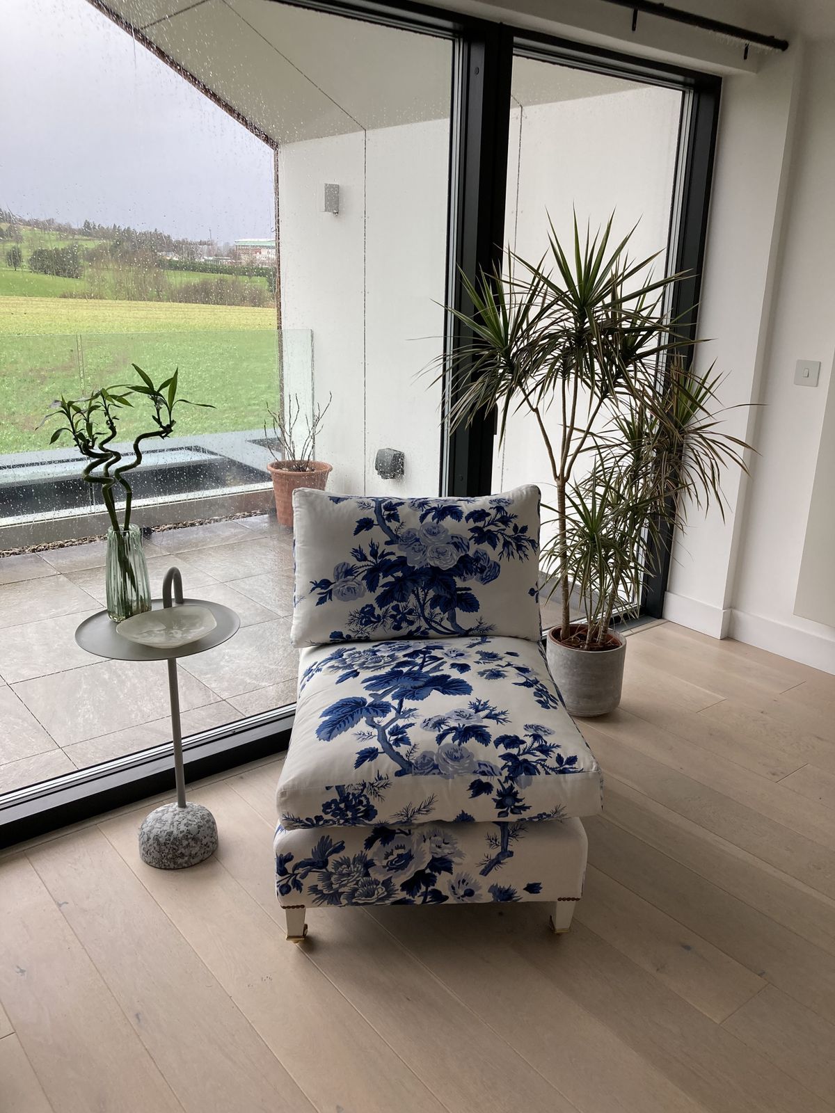 Slipper Chair   Pristine  Schumacher Hollyhock Pyne Indigo Fabric
