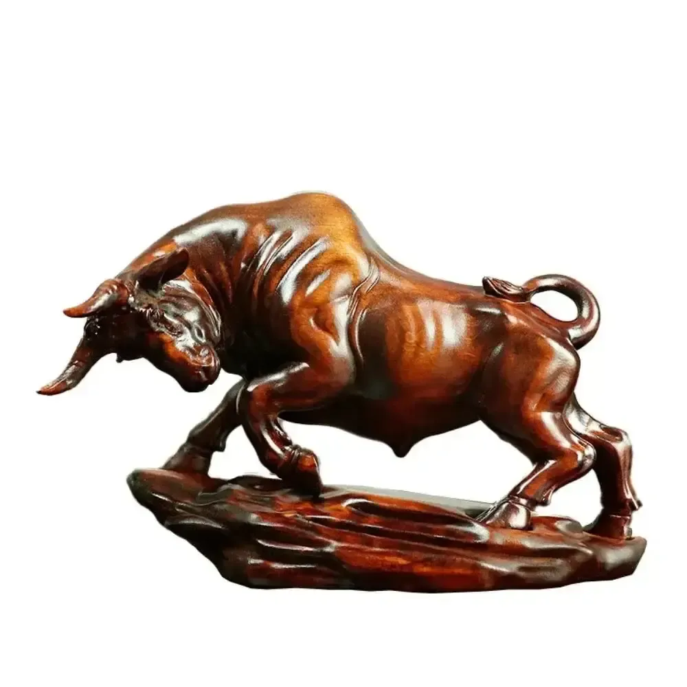 Charging Bull Figurine Boxwood Decorative Hand Carved Art photo furniture
