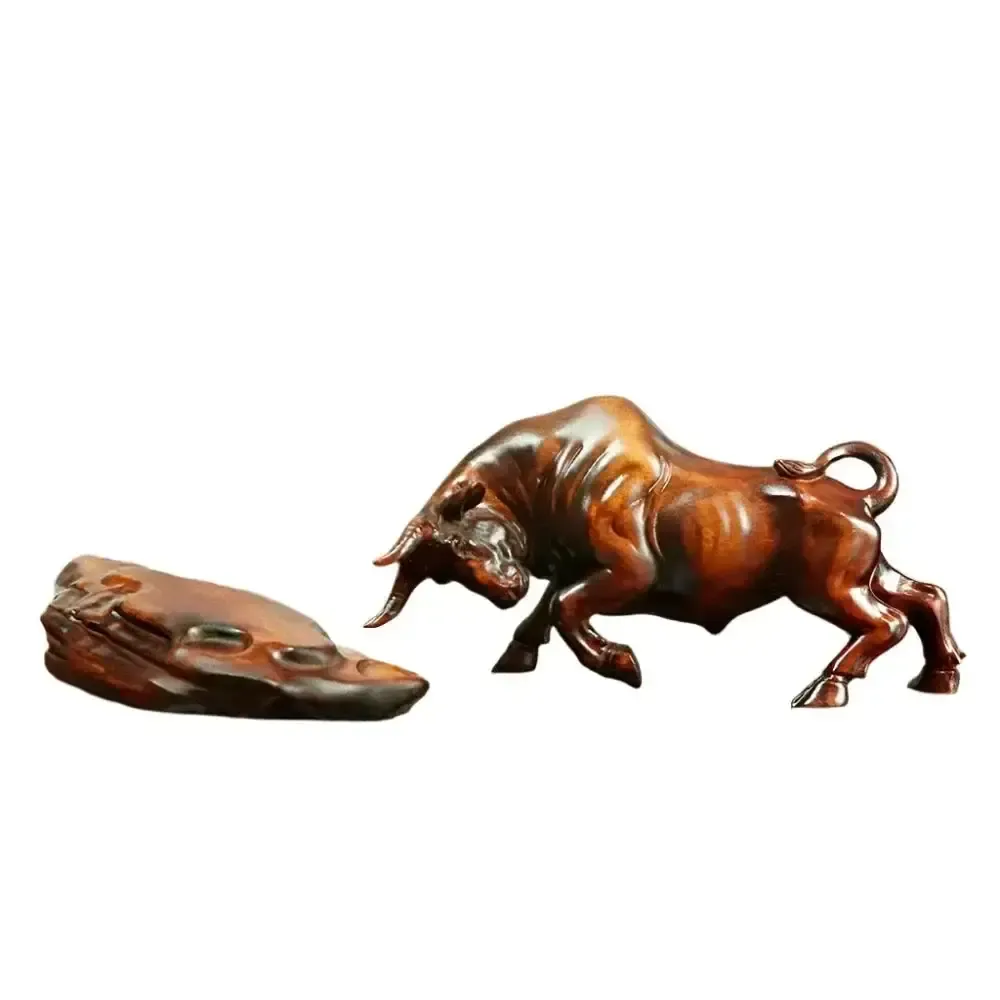 Charging Bull Figurine Boxwood Decorative Hand Carved Art photo vinterior