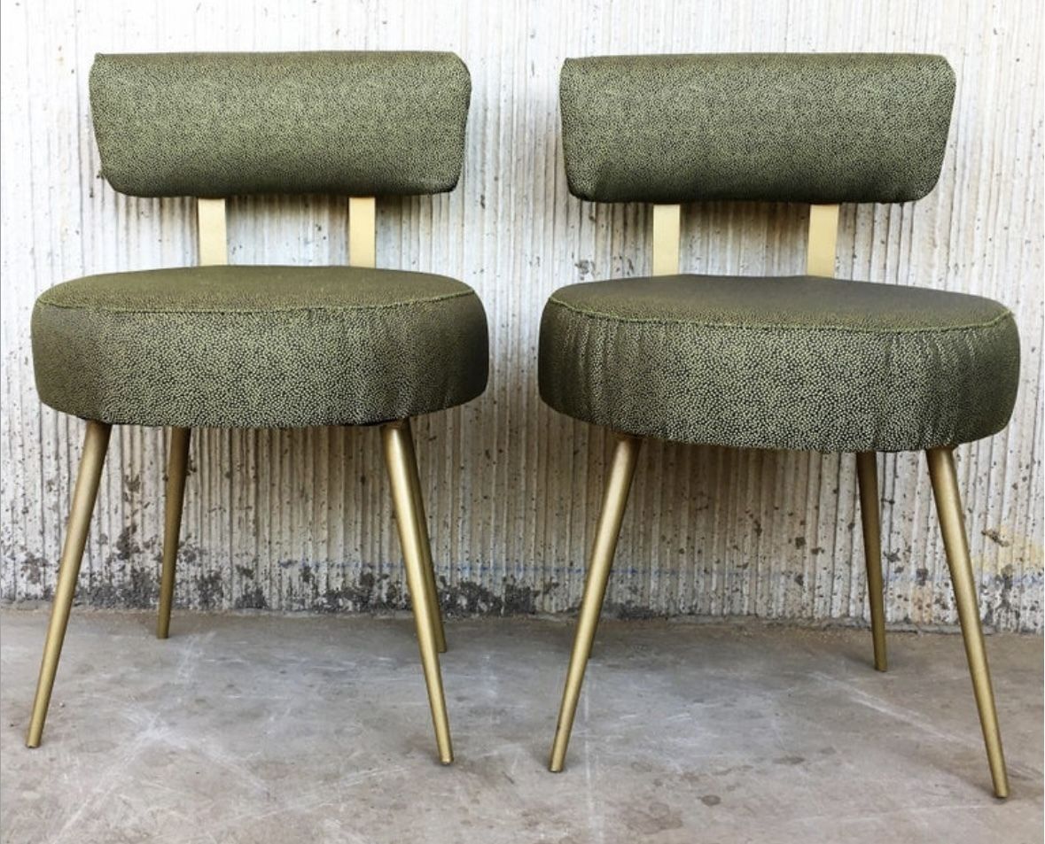 Mid Century Round Stools With Backrest In Green And Gold, 1950s, Set Of 2 photo Furniture