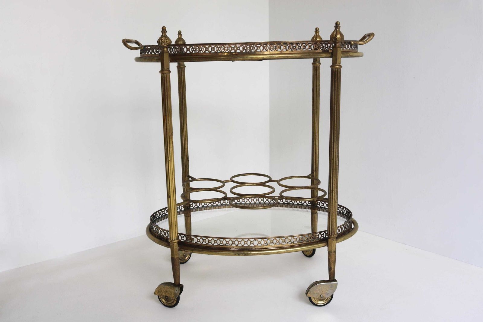 Brass Bar Cart Oval Hollywood Regency Glass Trolley W/ Removable Tray & Bottle Rack French 1940s Tea Cart Side Table photo vinterior
