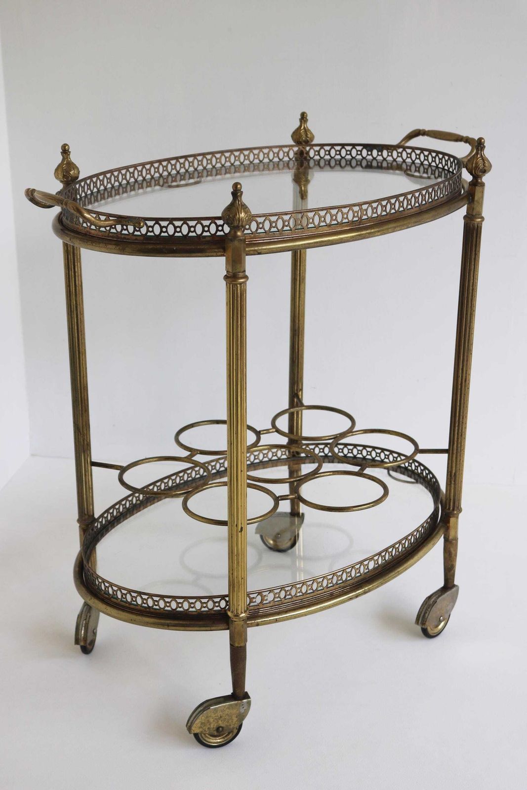 Brass Bar Cart Oval Hollywood Regency Glass Trolley W/ Removable Tray & Bottle Rack French 1940s Tea Cart Side Table photo vintage