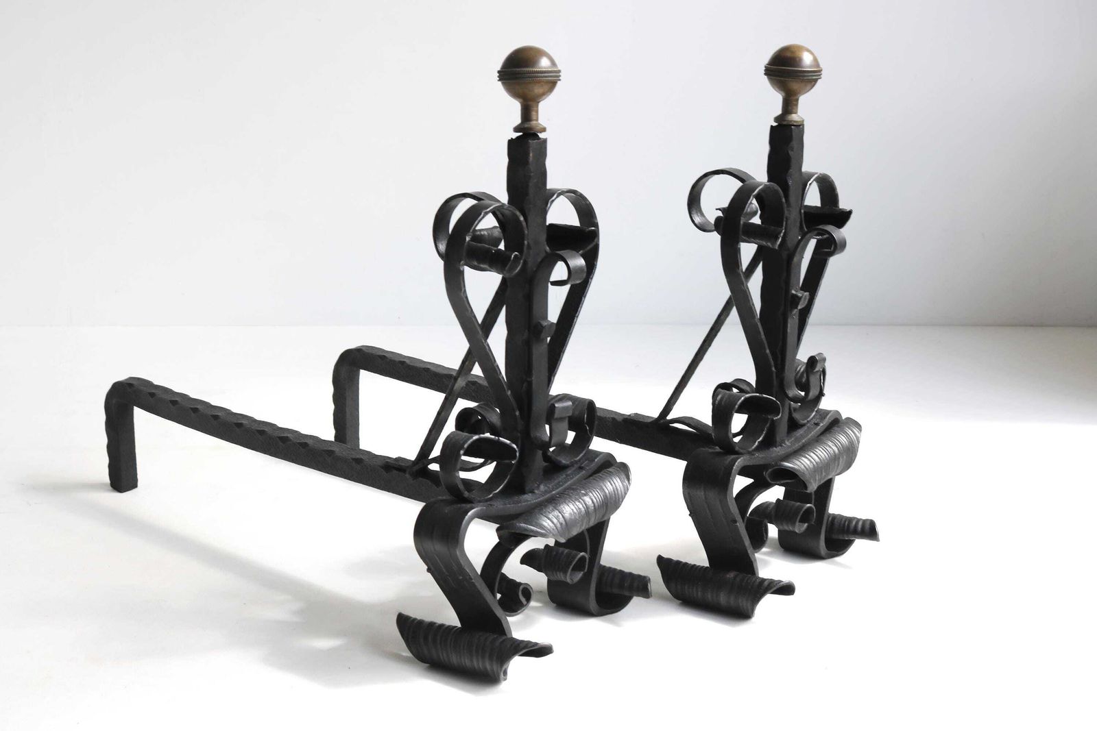 Hand Forged Wrought Iron Andirons – Vintage Fireplace Decor Mid 20th Century photo Home Fixtures