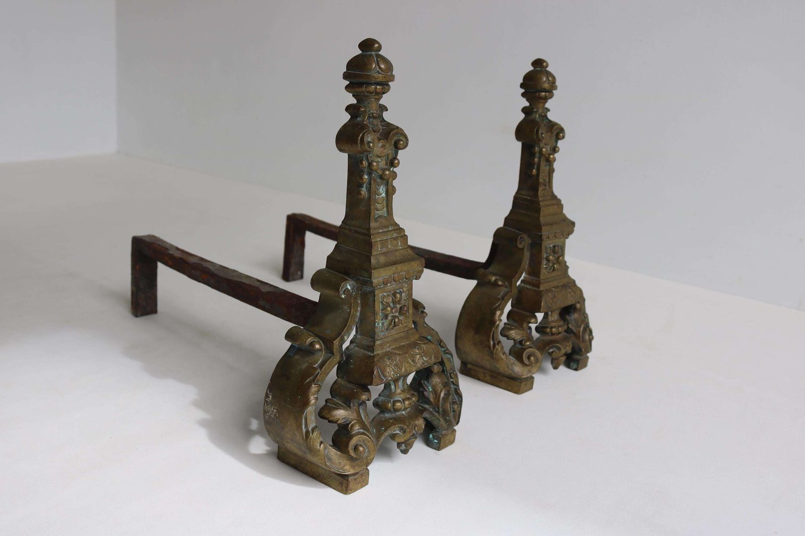 Antique French Brass Fireplace Andirons Ornate Baroque Style Fireplace Decor Firedogs Late 19th To Early 20th Century Ca. 1880–1920 photo Home Fixtures
