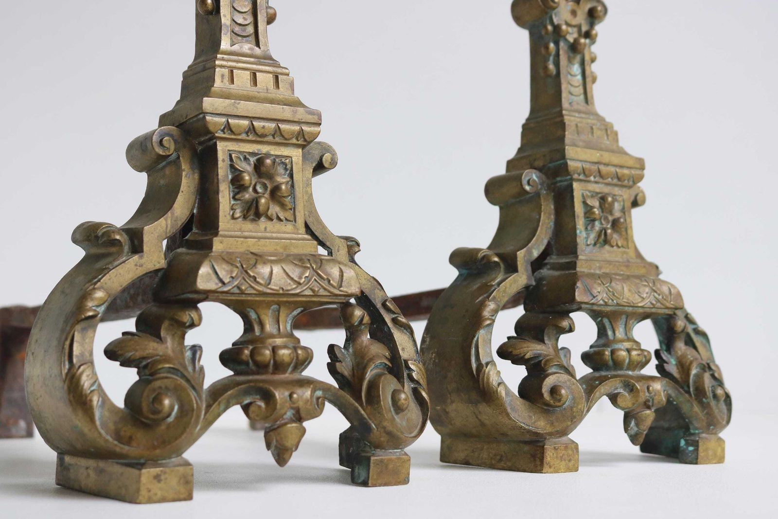 Antique French Brass Fireplace Andirons Ornate Baroque Style Fireplace Decor Firedogs Late 19th To Early 20th Century Ca. 1880–1920 photo 1206.0
