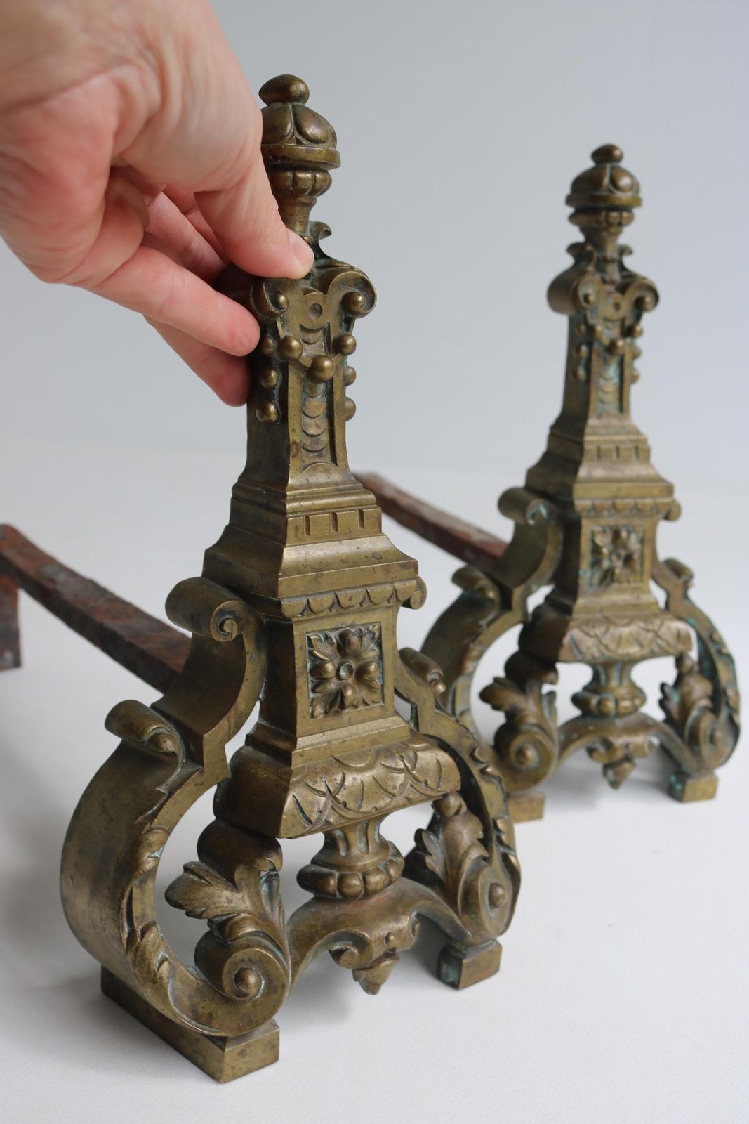 Antique French Brass Fireplace Andirons Ornate Baroque Style Fireplace Decor Firedogs Late 19th To Early 20th Century Ca. 1880–1920 photo buy