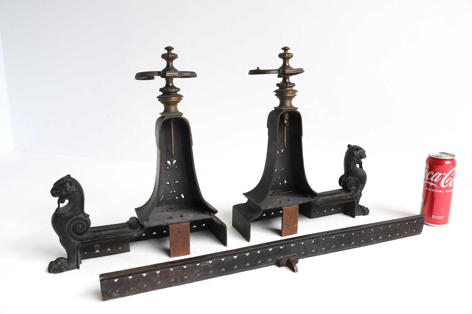 photo for sale Antique 3 Piece Fireplace Fender Set Andirons With Lion/ Griffin Figures, Tool Holders Late 19th To Early 20th Century Hearth Decor
