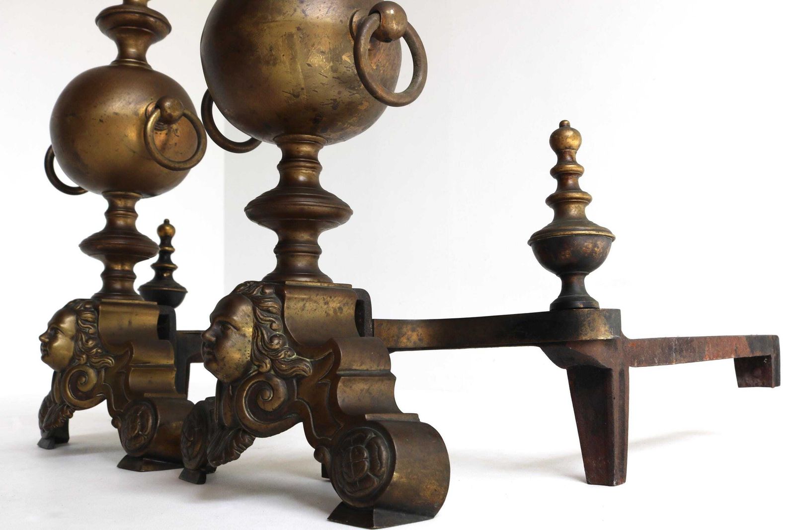 photo furniture Antique Brass Andirons With Head Face Cherub Masks – 19th Century Fireplace Decor Firedogs