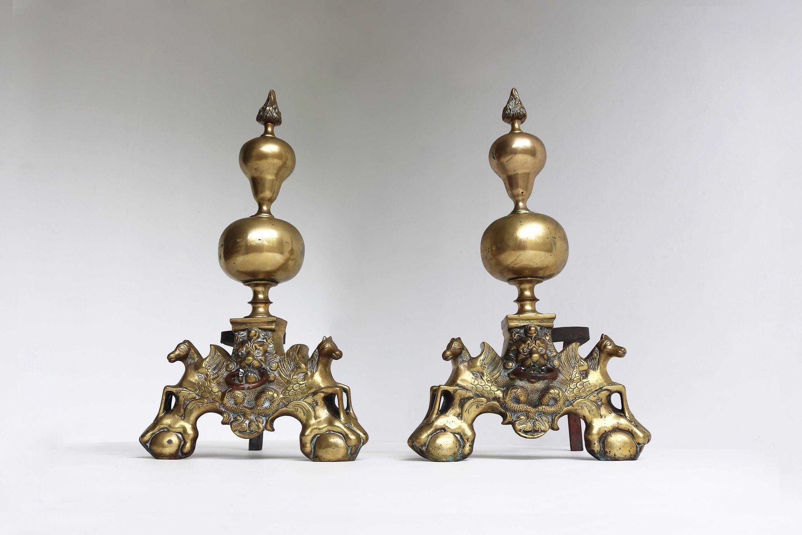 Impressive Pair Of Brass Firedogs |Pegasus Winged Horses & Lion Mask | Claw And Ball Feet | Antique Fireplace Andirons 19th Century