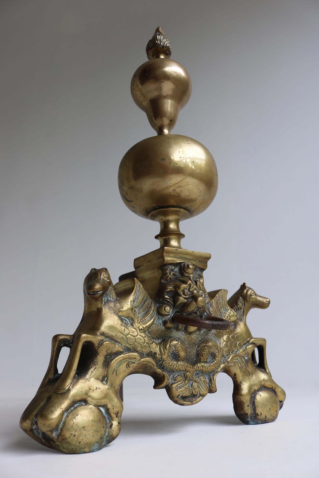 Impressive Pair Of Brass Firedogs |Pegasus Winged Horses & Lion Mask | Claw And Ball Feet | Antique Fireplace Andirons 19th Century photo vintage