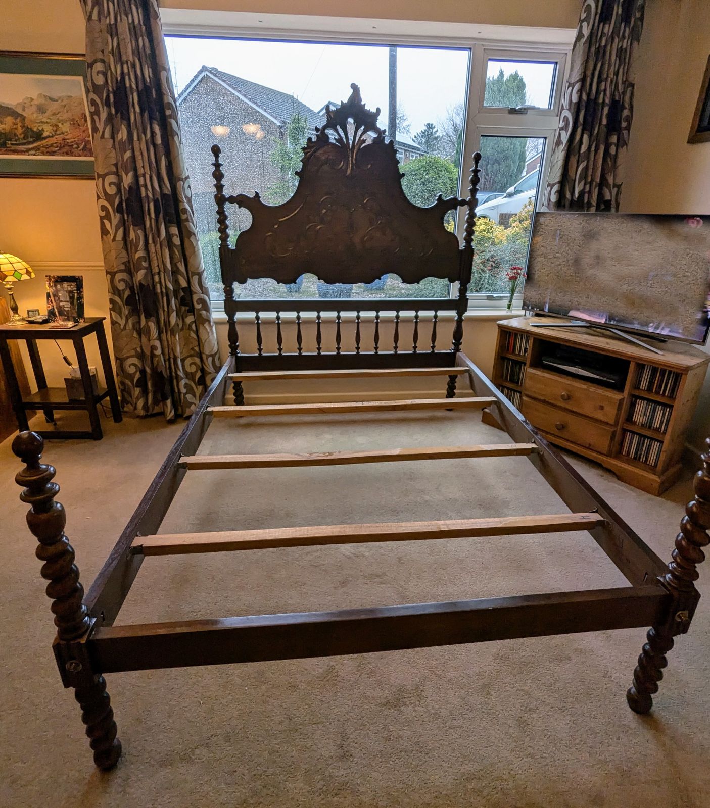 20th Century Spanish Baroque Hand Carved Bed (Mahogany/Walnut/Cherry) With Slabs