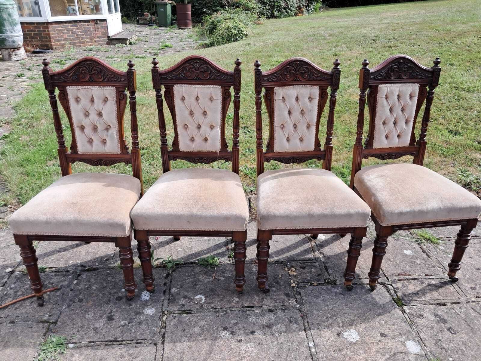 Antique Carved Button Back Dining Chairs Set Of 4 photo vinterior