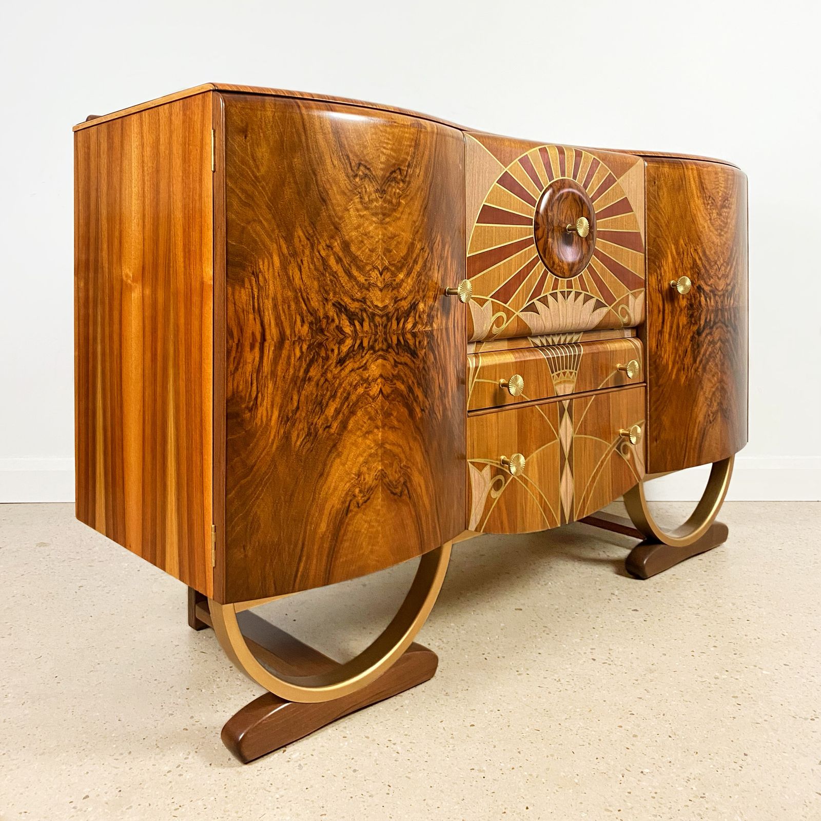 Art Deco Beautility Cocktail Cabinet With Gold Lotus Flower Marquetry Style Design photo furniture