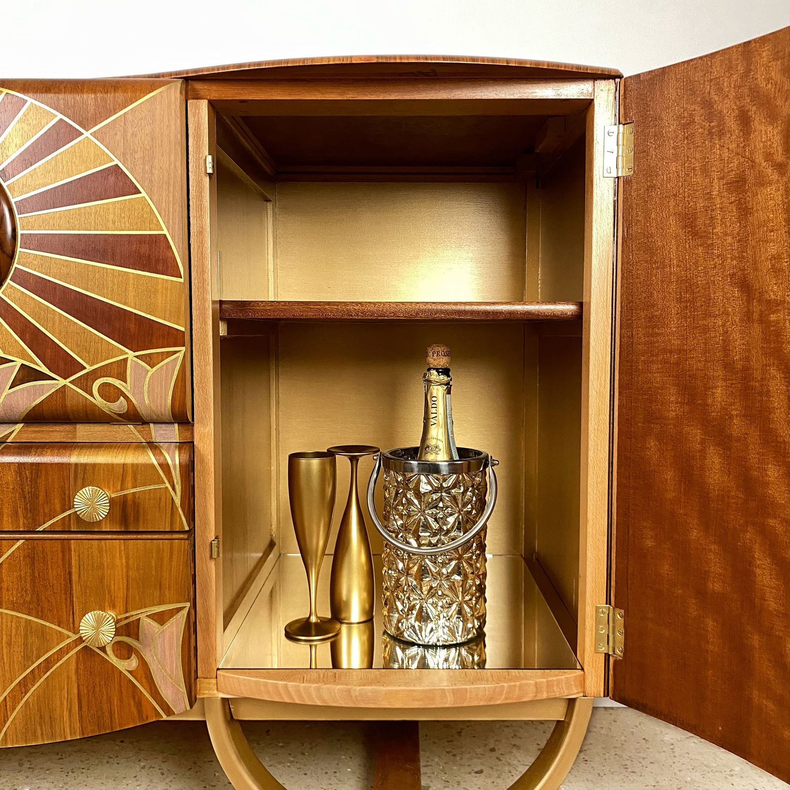 Art Deco Beautility Cocktail Cabinet With Gold Lotus Flower Marquetry Style Design photo buy