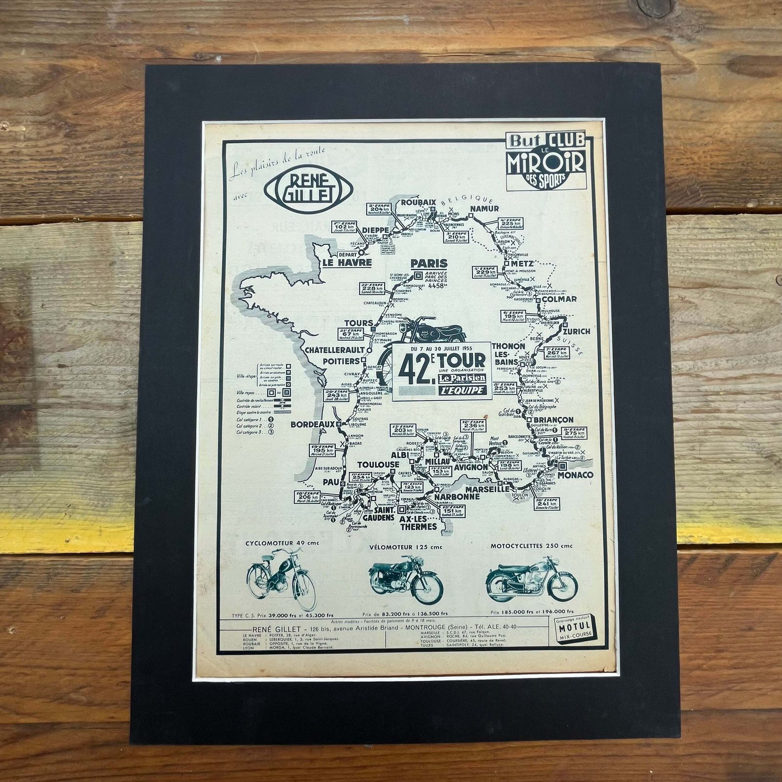Vintage Tour De France Route Map, Original 1955 Rene Gillet Motorcycles photo for sale