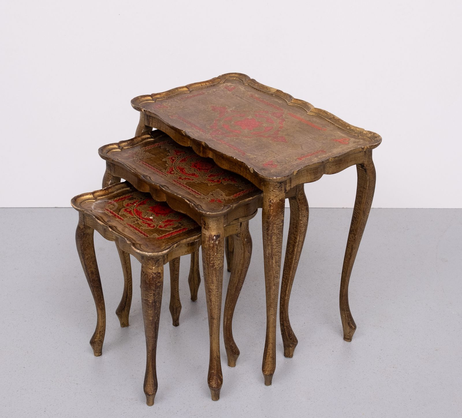 Triptych Florentine Gold And Red Wood Italian Nesting Tables, 1960 photo for sale