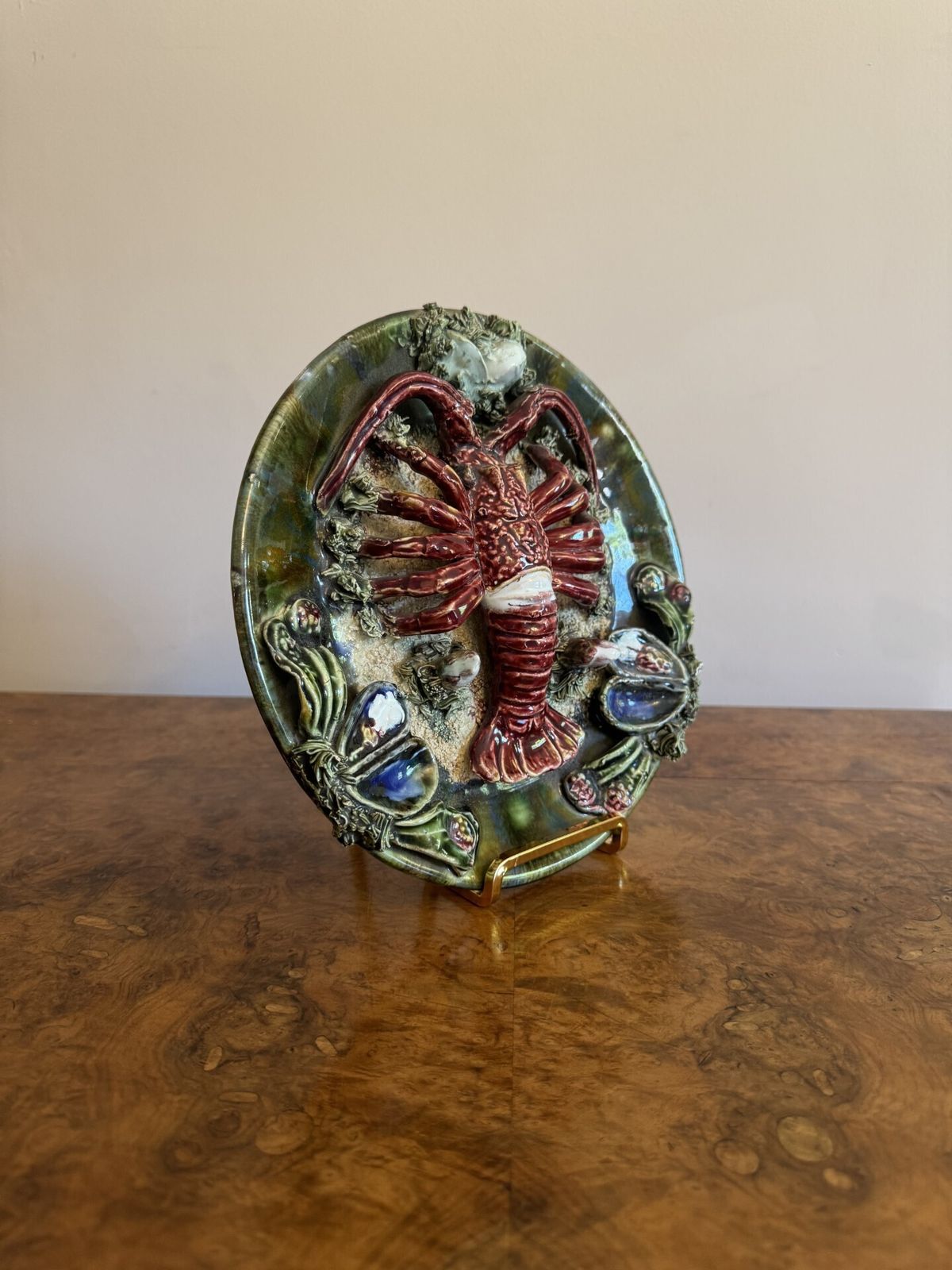 Antique Portuguese Majolica Palsy Ware Lobster Wall Plate photo for sale