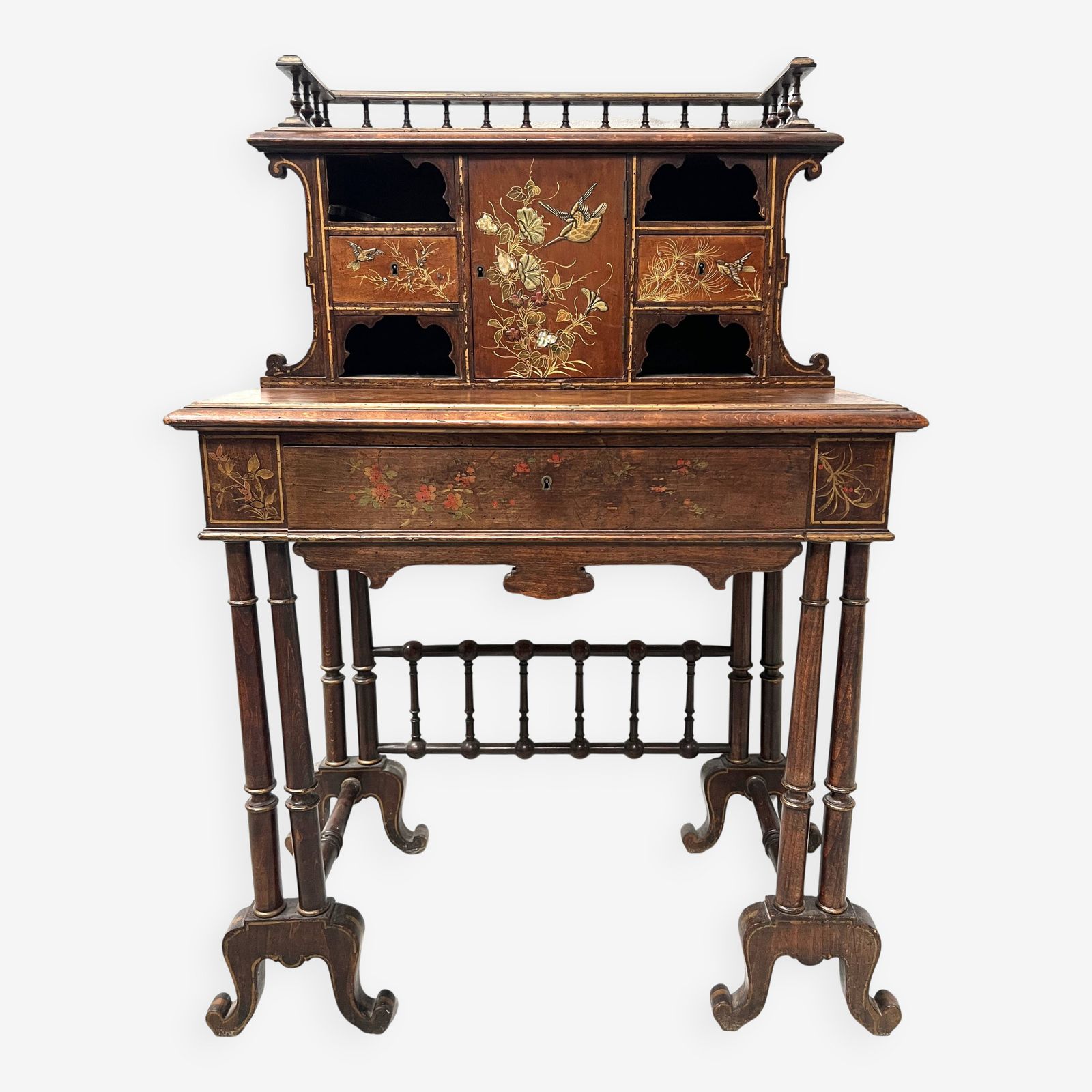 Wooden Stepped Desk Decorated With Pyrography, 19th Centur