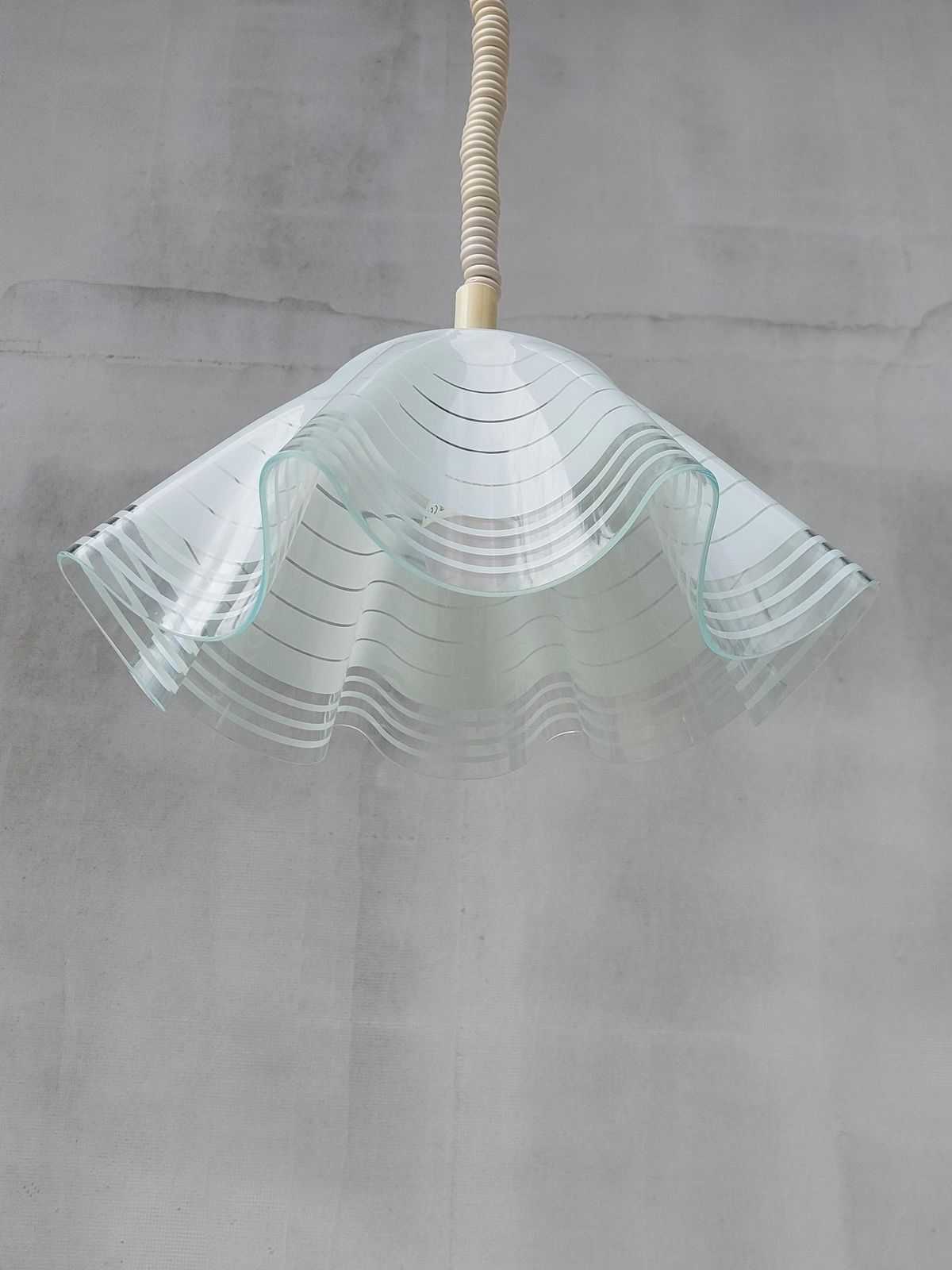 Mid Century Minimalist Folded Glass Pendant Lamp, Folded Glass Hanging Lamp, Mid Century Chandelier, Mid Century Lighting, 1980's photo furniture