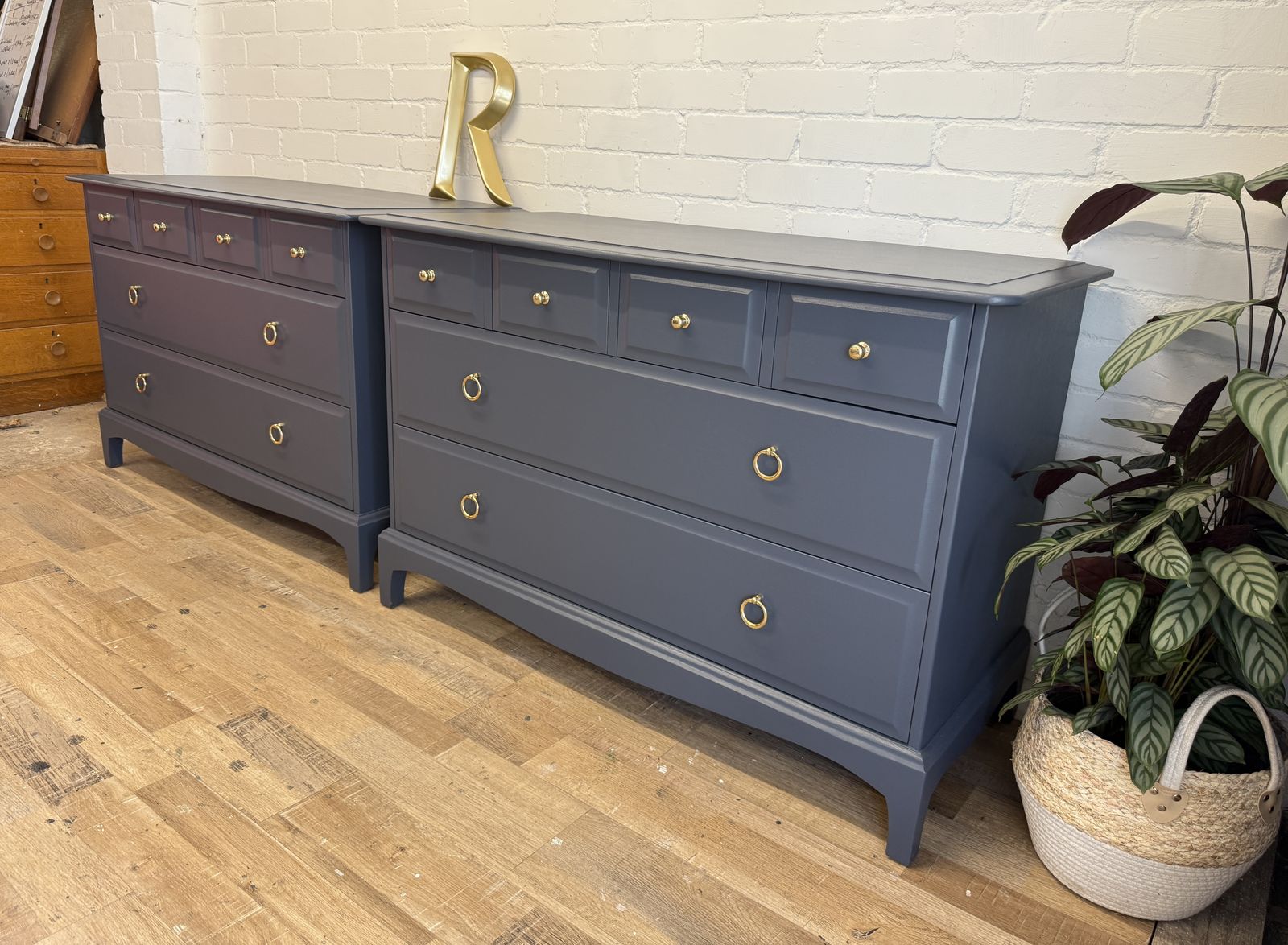 Furniture Pair Of Stag Minstrel 4 Over 2 Chests – Professionally Painted In Rooster Blue photo