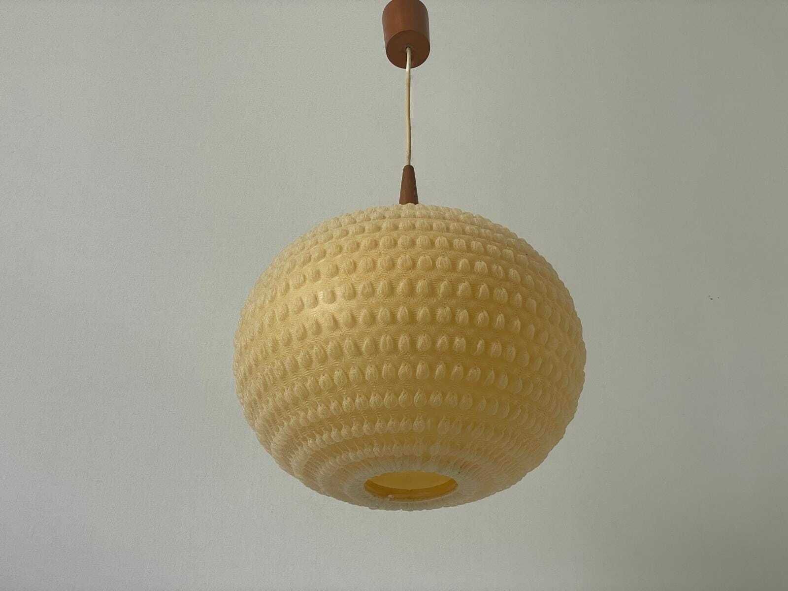 Ball Fabric Shade Ceiling Lamp By Temde With Teak Details, 1960s, Switzerland photo vinterior