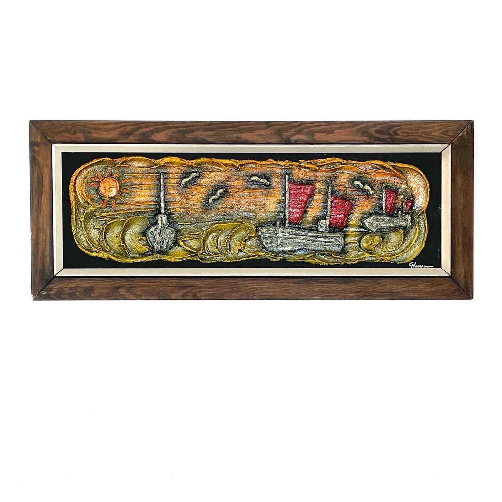 Danish Mid Century Modern 1960s Abstract Maritimepainting Of Sailboats At Sea In Relief Style With Paint On Wood By Hansen