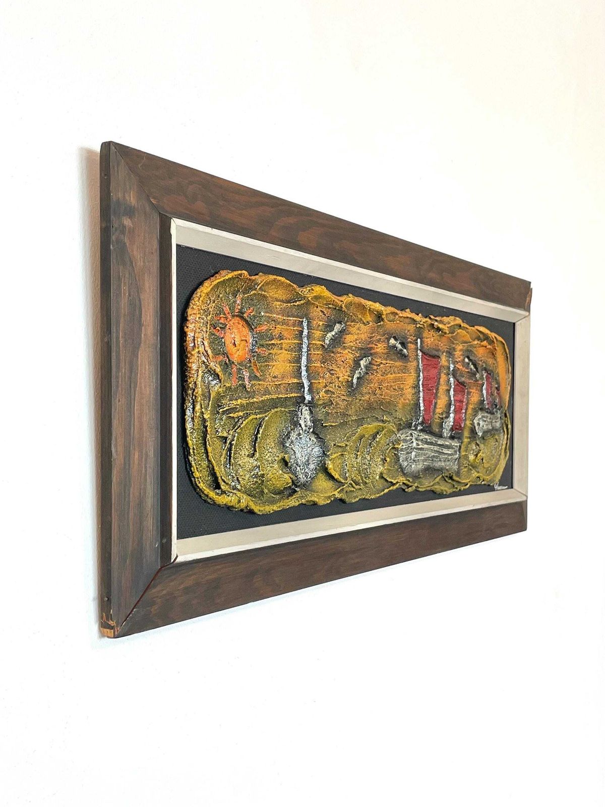 Danish Mid Century Modern 1960s Abstract Maritimepainting Of Sailboats At Sea In Relief Style With Paint On Wood By Hansen photo furniture