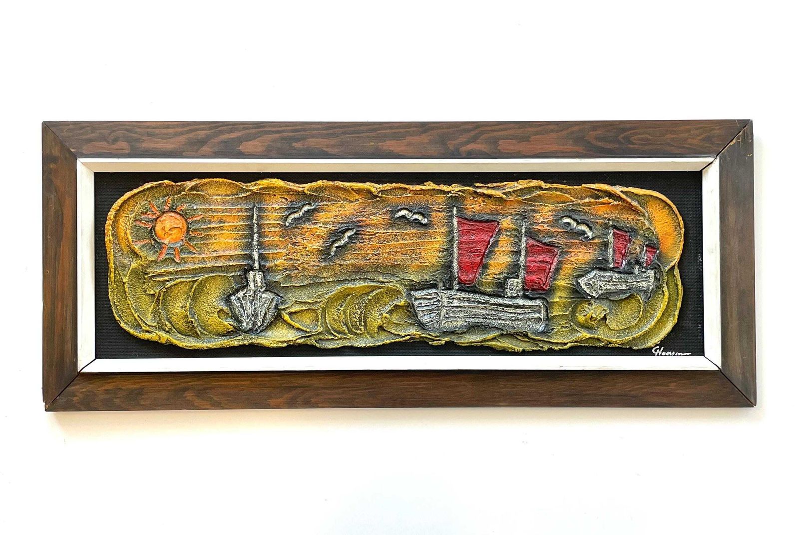 Danish Mid Century Modern 1960s Abstract Maritimepainting Of Sailboats At Sea In Relief Style With Paint On Wood By Hansen photo for sale